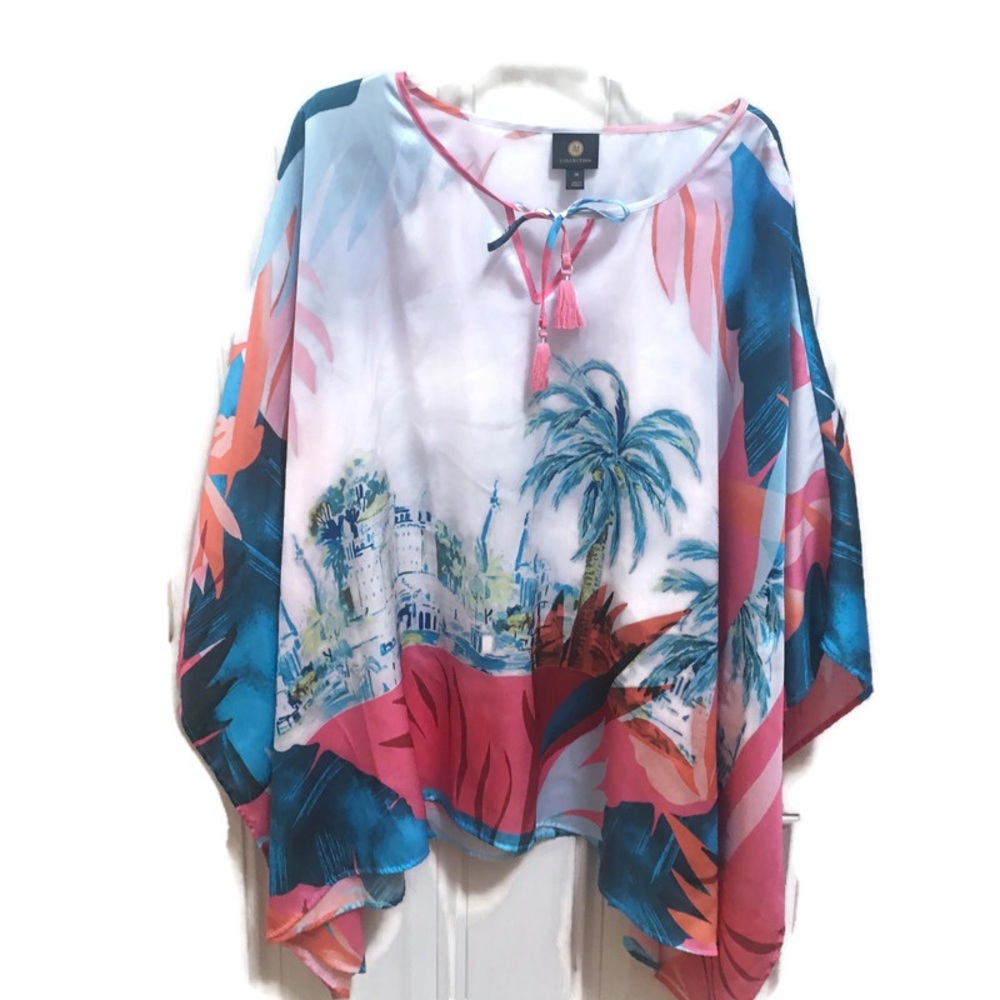 JM Collection Top Womens Plus 3x Blue Pink Blouse Batwing Sleeves Beach Vacation